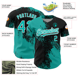 Custom Black Aqua-White 3D Pattern Design Abstract Brush Stroke Authentic Baseball Jersey