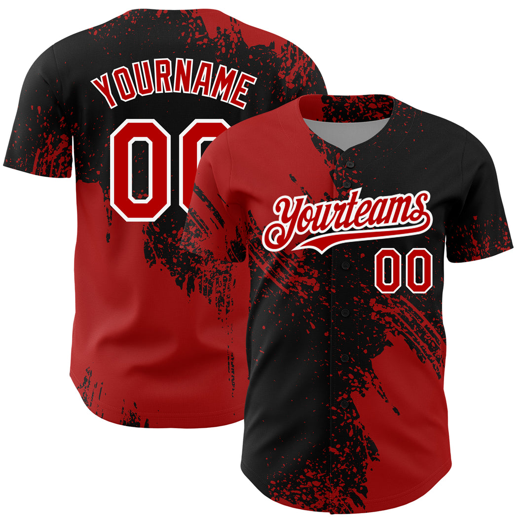 Custom Black Red-White 3D Pattern Design Abstract Brush Stroke Authentic Baseball Jersey