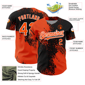 Custom Black Orange-White 3D Pattern Design Abstract Brush Stroke Authentic Baseball Jersey