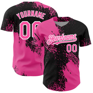 Custom Black Pink-White 3D Pattern Design Abstract Brush Stroke Authentic Baseball Jersey