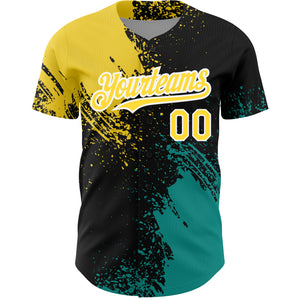 Custom Black Yellow-Teal 3D Pattern Design Abstract Brush Stroke Authentic Baseball Jersey