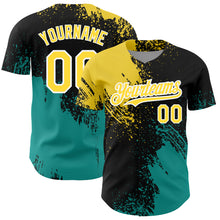 Charger l&#39;image dans la galerie, Custom Black Yellow-Teal 3D Pattern Design Abstract Brush Stroke Authentic Baseball Jersey
