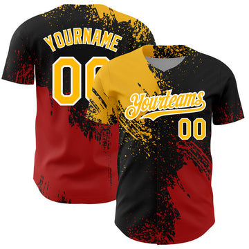 Custom Black Gold-Red 3D Pattern Design Abstract Brush Stroke Authentic Baseball Jersey