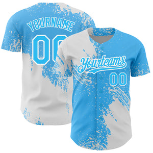 Custom Sky Blue White 3D Pattern Design Abstract Brush Stroke Authentic Baseball Jersey