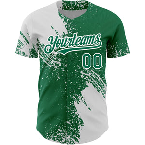 Custom Kelly Green White 3D Pattern Design Abstract Brush Stroke Authentic Baseball Jersey