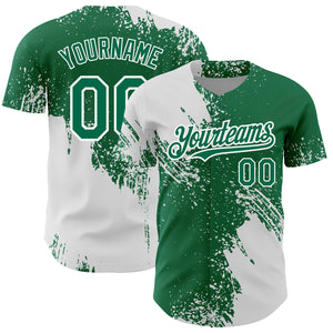 Custom Kelly Green White 3D Pattern Design Abstract Brush Stroke Authentic Baseball Jersey