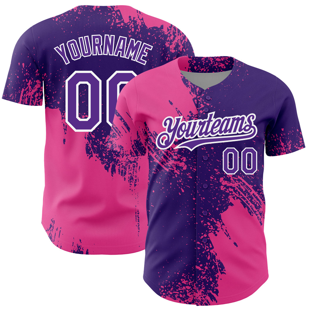 Custom Purple Pink-White 3D Pattern Design Abstract Brush Stroke Authentic Baseball Jersey