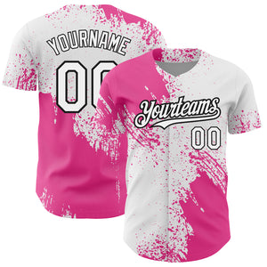 Custom White Pink-Black 3D Pattern Design Abstract Brush Stroke Authentic Baseball Jersey