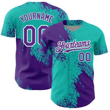 Custom Aqua Purple-White 3D Pattern Design Abstract Brush Stroke Authentic Baseball Jersey