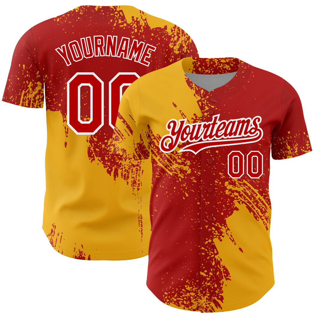 Custom Red Gold-White 3D Pattern Design Abstract Brush Stroke Authentic Baseball Jersey