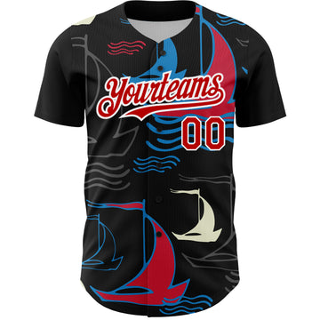 Custom Black Red-White 3D Pattern Design Sailing Boats Authentic Baseball Jersey