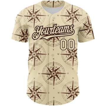 Custom Cream Brown 3D Pattern Design Navigation Compass Authentic Baseball Jersey