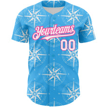 Load image into Gallery viewer, Custom Sky Blue White-Pink 3D Pattern Design Navigation Compass Authentic Baseball Jersey
