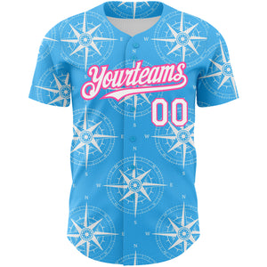 Custom Sky Blue White-Pink 3D Pattern Design Navigation Compass Authentic Baseball Jersey