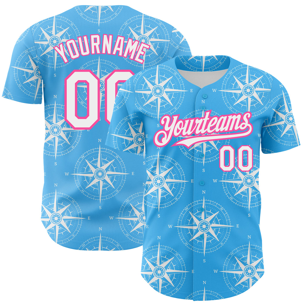 Custom Sky Blue White-Pink 3D Pattern Design Navigation Compass Authentic Baseball Jersey