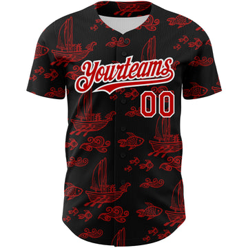 Custom Black Red-White 3D Pattern Design Boats And Fish Authentic Baseball Jersey