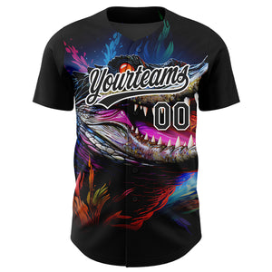 Custom Black White 3D Pattern Design Neon Crocodile Authentic Baseball Jersey