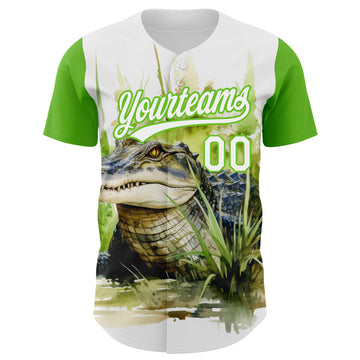 Custom White Aurora Green 3D Pattern Design Crocodile Authentic Baseball Jersey