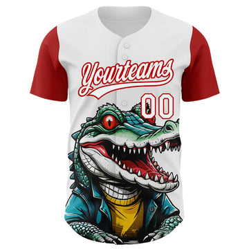 Custom White Red 3D Pattern Design Cartoon Crocodile Authentic Baseball Jersey