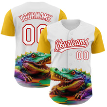 Load image into Gallery viewer, Custom White Red-Yellow 3D Pattern Design Colorful Crocodile Authentic Baseball Jersey
