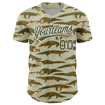 Custom Olive White 3D Pattern Design Crocodile Authentic Baseball Jersey