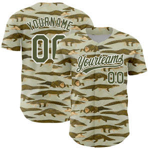 Custom Olive White 3D Pattern Design Crocodile Authentic Baseball Jersey