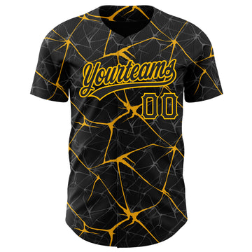 Custom Black Gold 3D Pattern Design Abstract Network Authentic Baseball Jersey