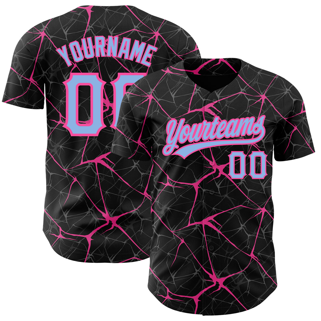 Custom Black Light Blue-Pink 3D Pattern Design Abstract Network Authentic Baseball Jersey