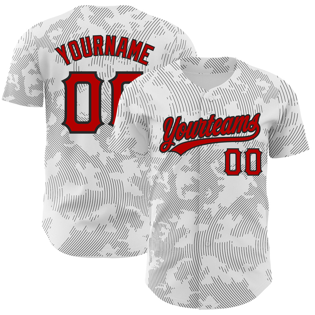 Custom White Red-Black 3D Pattern Design Curve Lines Authentic Baseball Jersey