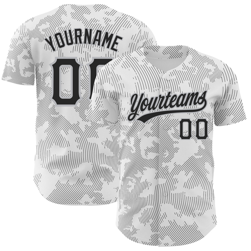 Custom White Black-Gray 3D Pattern Design Curve Lines Authentic Baseball Jersey