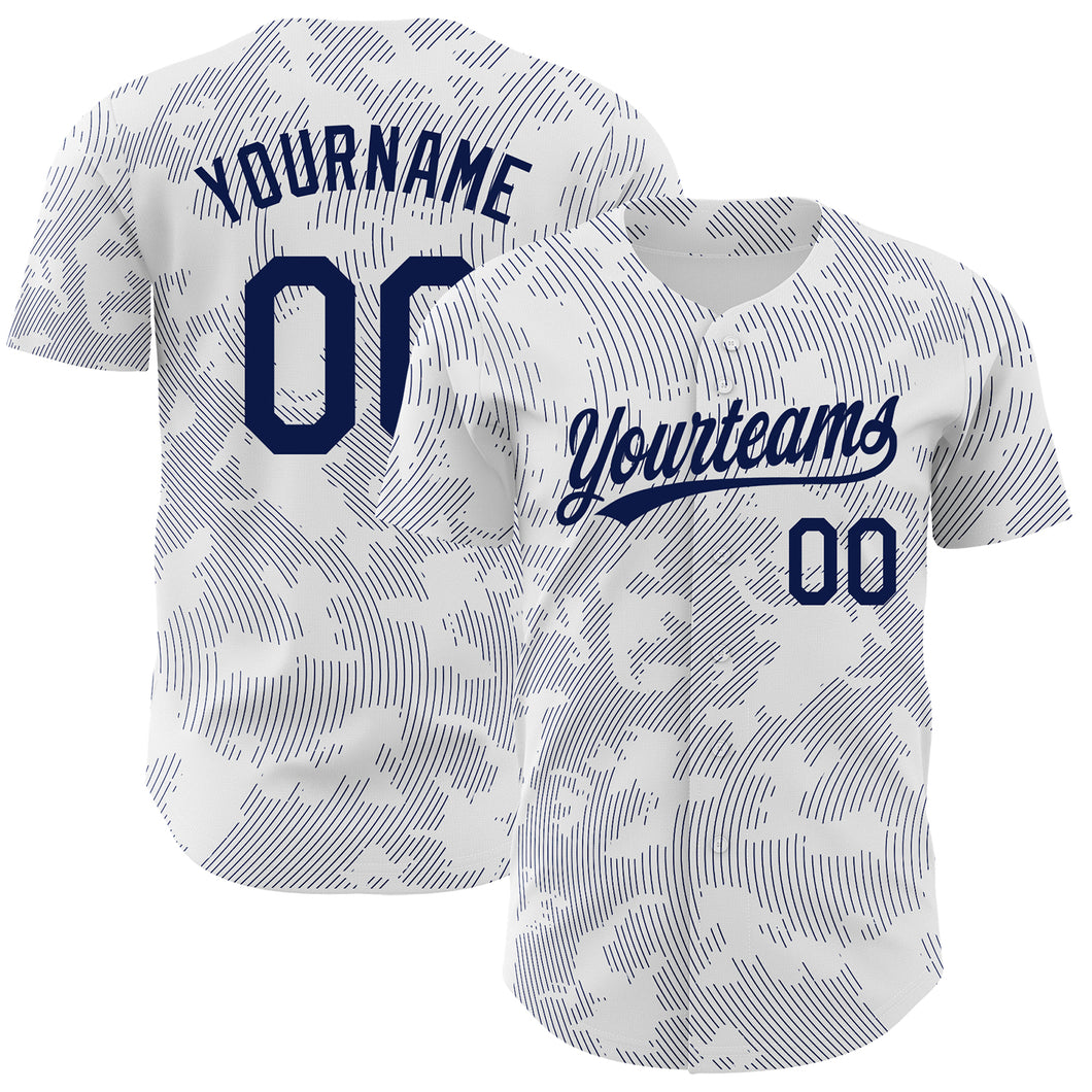 Custom White Navy 3D Pattern Design Curve Lines Authentic Baseball Jersey