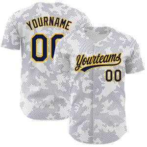 Custom White Navy-Gold 3D Pattern Design Curve Lines Authentic Baseball Jersey