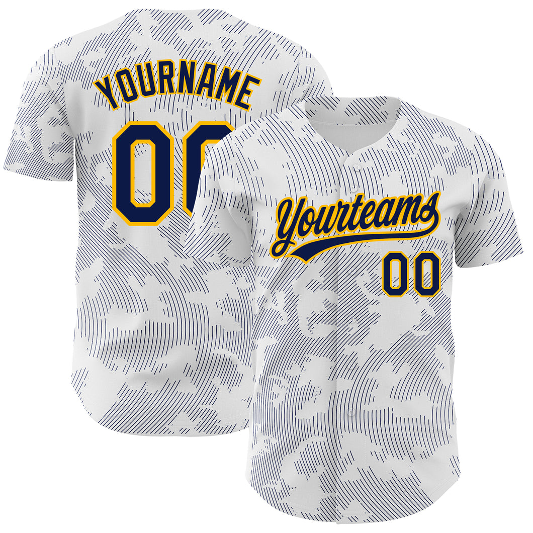 Custom White Navy-Gold 3D Pattern Design Curve Lines Authentic Baseball Jersey