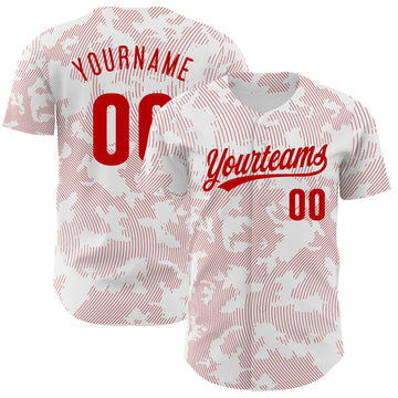 Custom White Red 3D Pattern Design Curve Lines Authentic Baseball Jersey