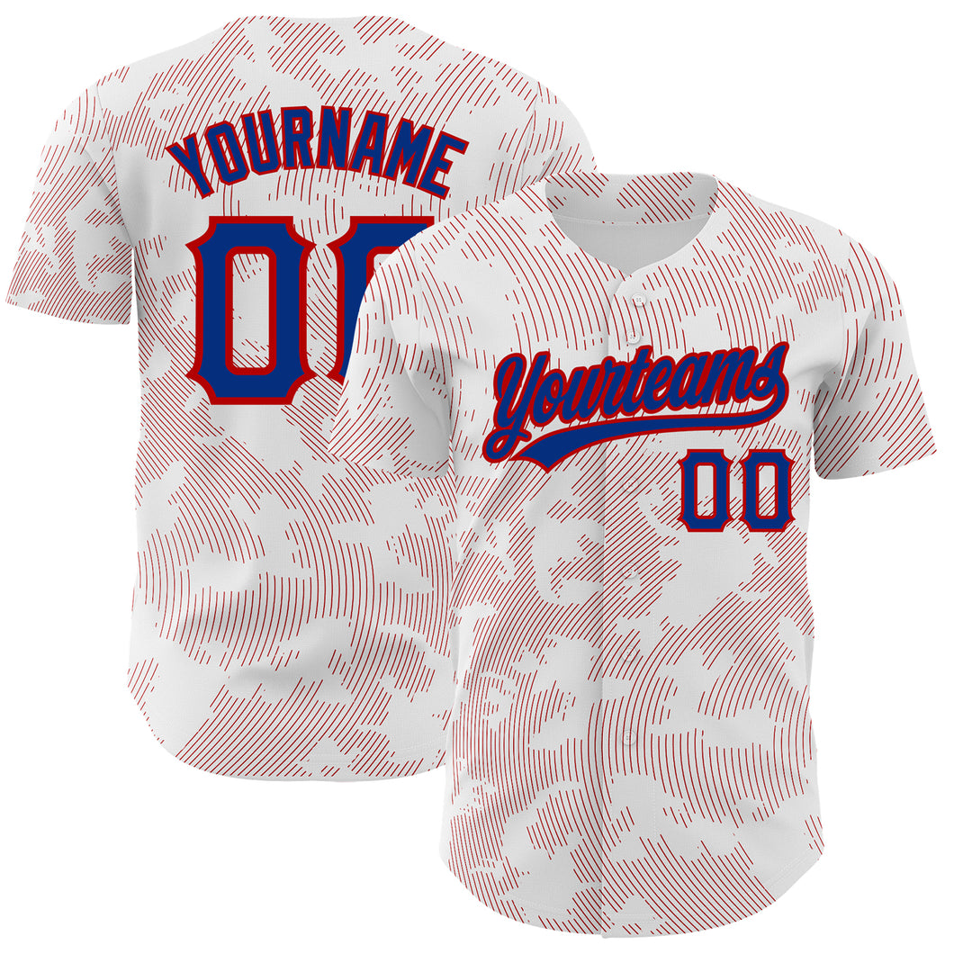 Custom White Royal-Red 3D Pattern Design Curve Lines Authentic Baseball Jersey