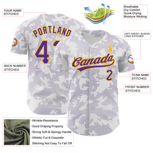 Custom White Purple-Gold 3D Pattern Design Curve Lines Authentic Baseball Jersey