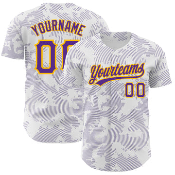 Custom White Purple-Gold 3D Pattern Design Curve Lines Authentic Baseball Jersey