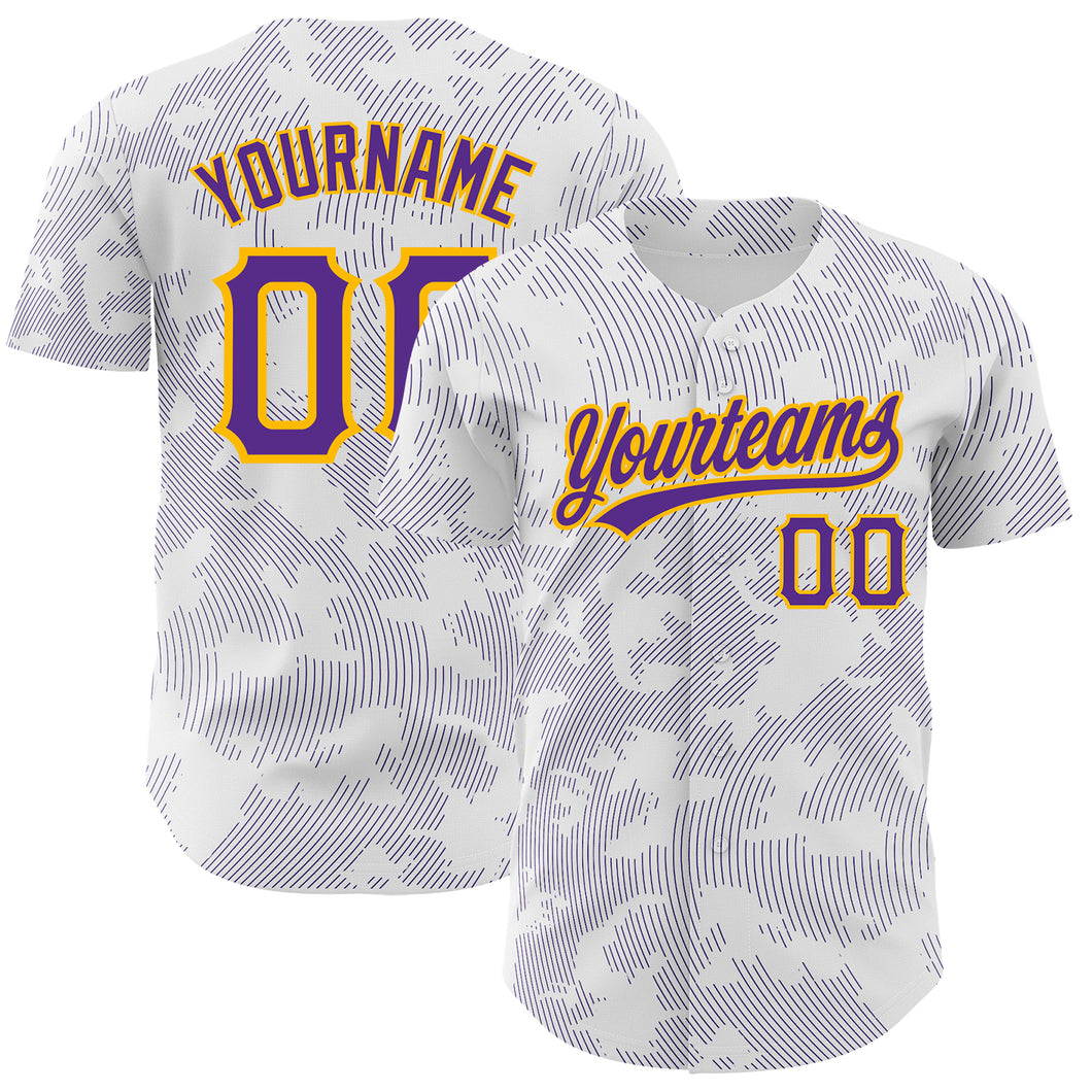 Custom White Purple-Gold 3D Pattern Design Curve Lines Authentic Baseball Jersey