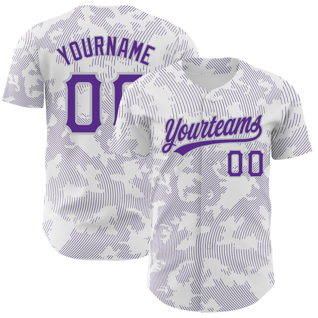 Custom White Purple-Gray 3D Pattern Design Curve Lines Authentic Baseball Jersey