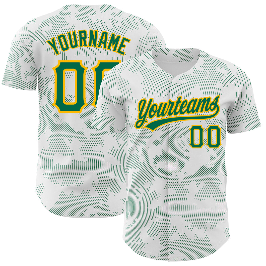 Custom White Kelly Green-Gold 3D Pattern Design Curve Lines Authentic Baseball Jersey