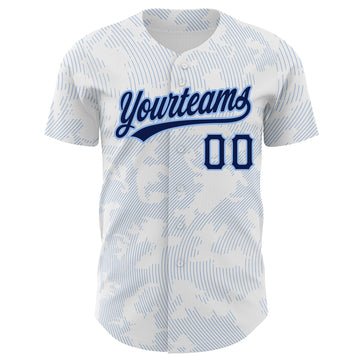 Custom White Navy-Light Blue 3D Pattern Design Curve Lines Authentic Baseball Jersey