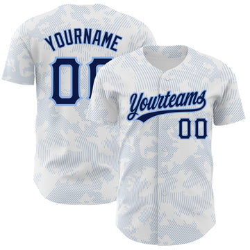 Custom White Navy-Light Blue 3D Pattern Design Curve Lines Authentic Baseball Jersey