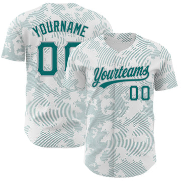 Custom White Teal-Gray 3D Pattern Design Curve Lines Authentic Baseball Jersey