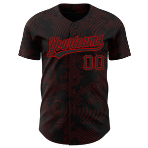 Custom Black Red 3D Pattern Design Curve Lines Authentic Baseball Jersey