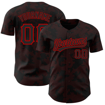 Custom Black Red 3D Pattern Design Curve Lines Authentic Baseball Jersey