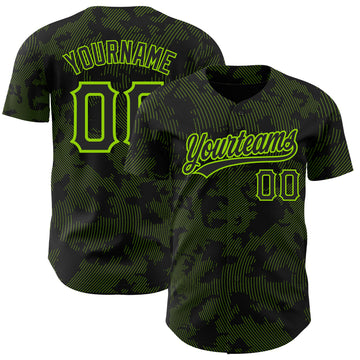 Custom Black Neon Green 3D Pattern Design Curve Lines Authentic Baseball Jersey