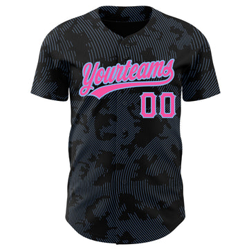 Custom Black Pink-Light Blue 3D Pattern Design Curve Lines Authentic Baseball Jersey