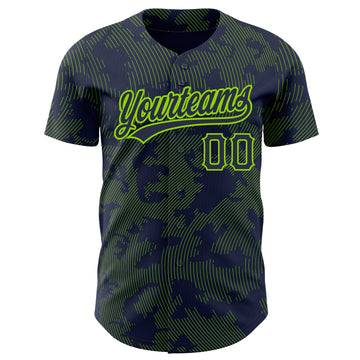 Custom Navy Neon Green 3D Pattern Design Curve Lines Authentic Baseball Jersey