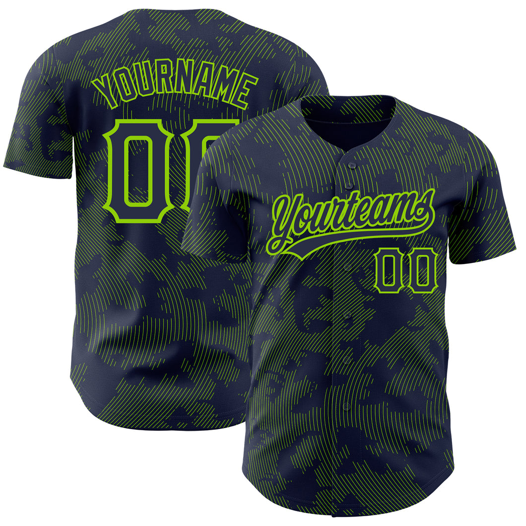 Custom Navy Neon Green 3D Pattern Design Curve Lines Authentic Baseball Jersey