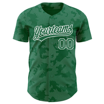 Custom Kelly Green White 3D Pattern Design Curve Lines Authentic Baseball Jersey